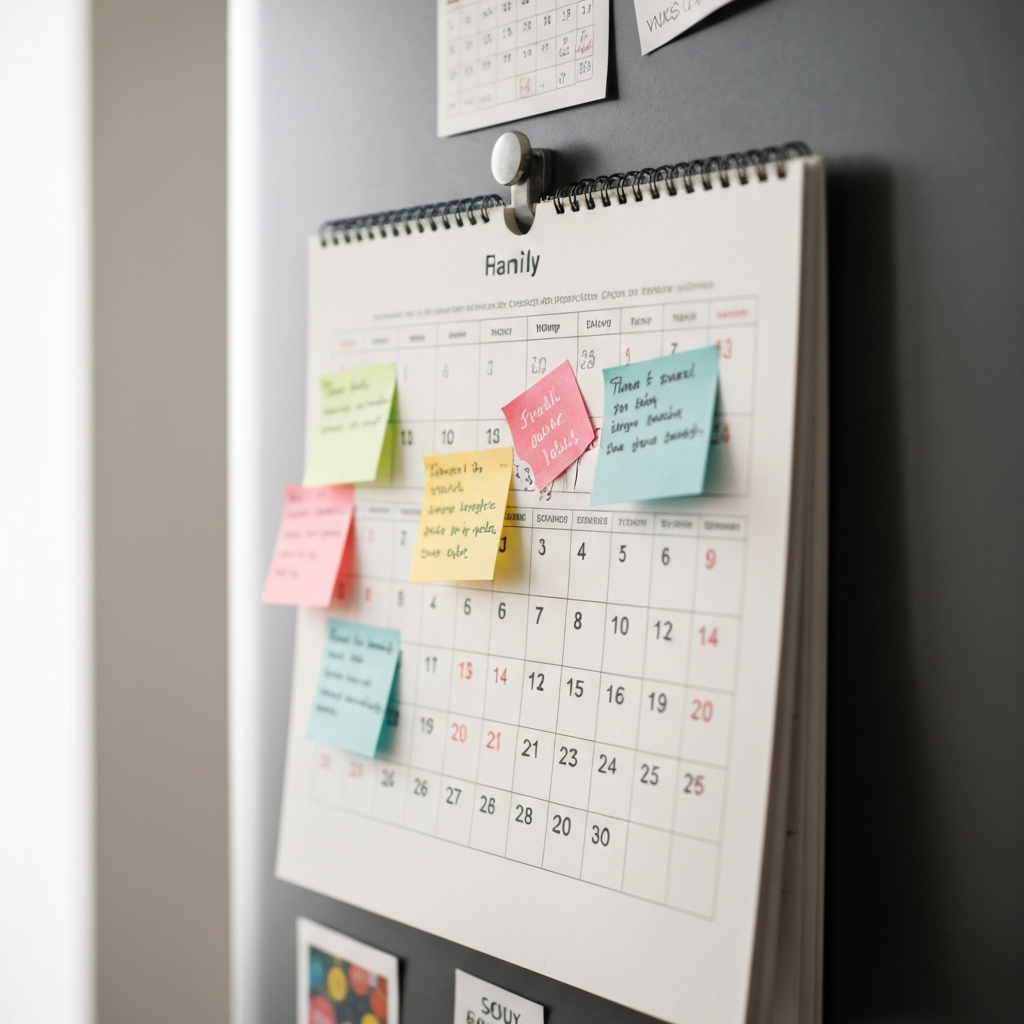 Close-up shot of a colorful family calendar hanging on a refrigerator door. The calendar is filled with handwritten notes and stickers. The lighting is soft and natural, highlighting the textures of the paper and the magnets.