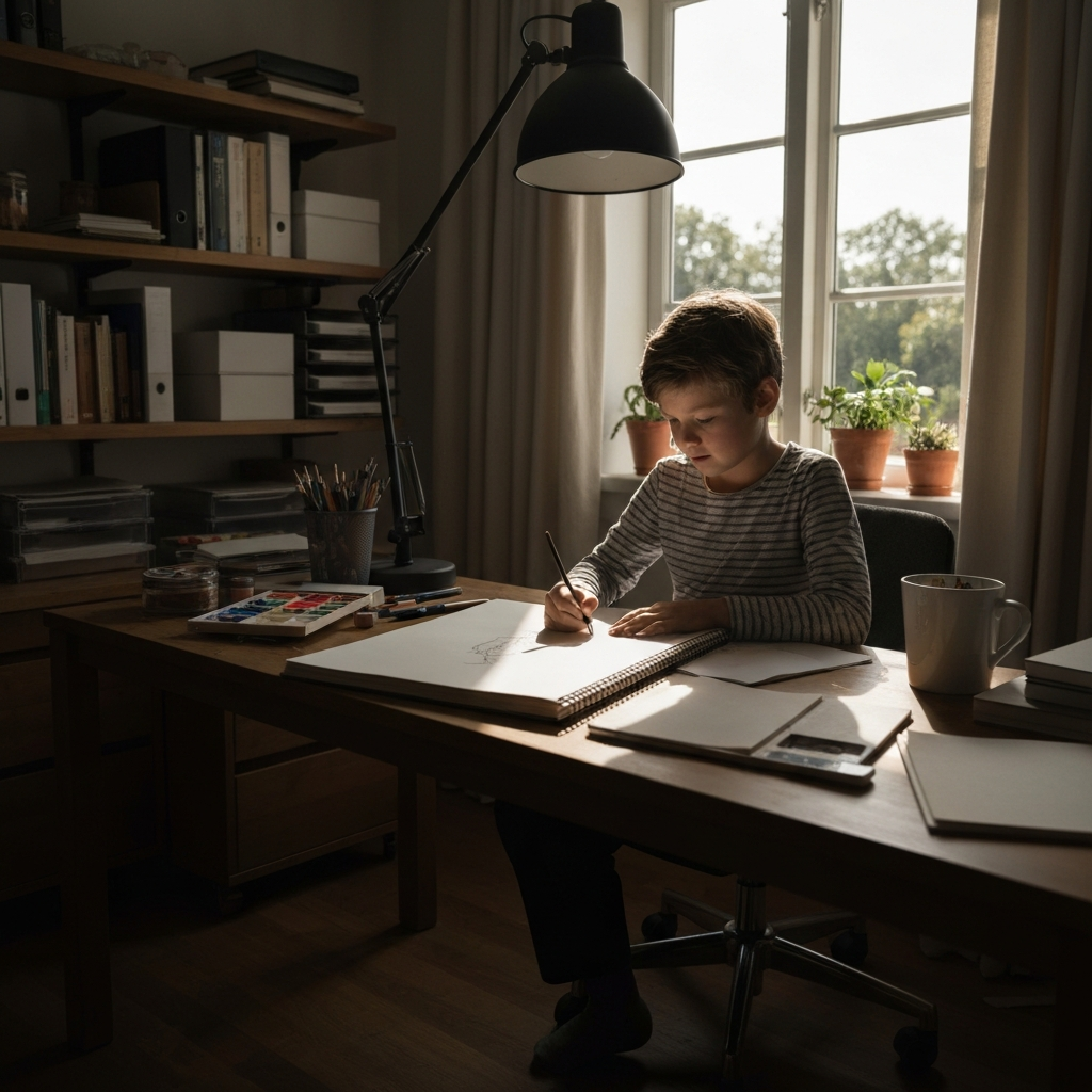 A sunlit home office space with a desk featuring art supplies. A child is drawing on a large sketchpad, with natural light illuminating their face. The room is organized but lived-in, with personal touches.