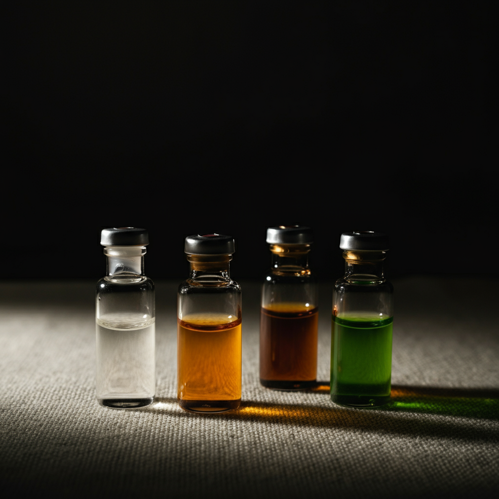 Close-up shot of four small glass vials, each containing a different colored liquid (white, amber, brown, and green). The vials are arranged on a textured linen cloth, softly side-lit to accentuate the liquid's color and translucence.