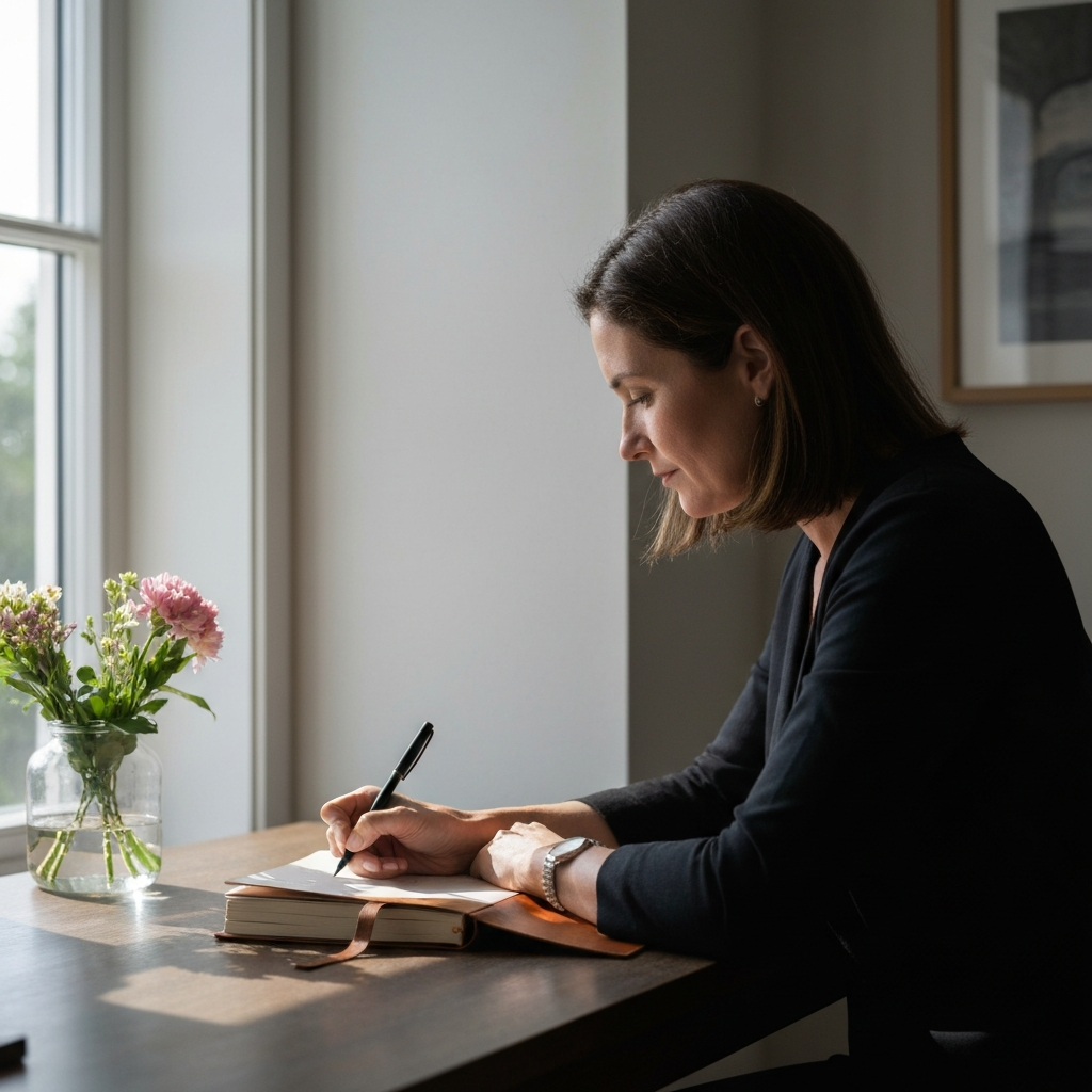 A woman sitting at a desk, thoughtfully writing in a leather-bound journal. Soft, natural light streams in from a nearby window, illuminating the journal and her hand holding a pen. A small vase of fresh flowers sits on the desk, slightly out of focus.