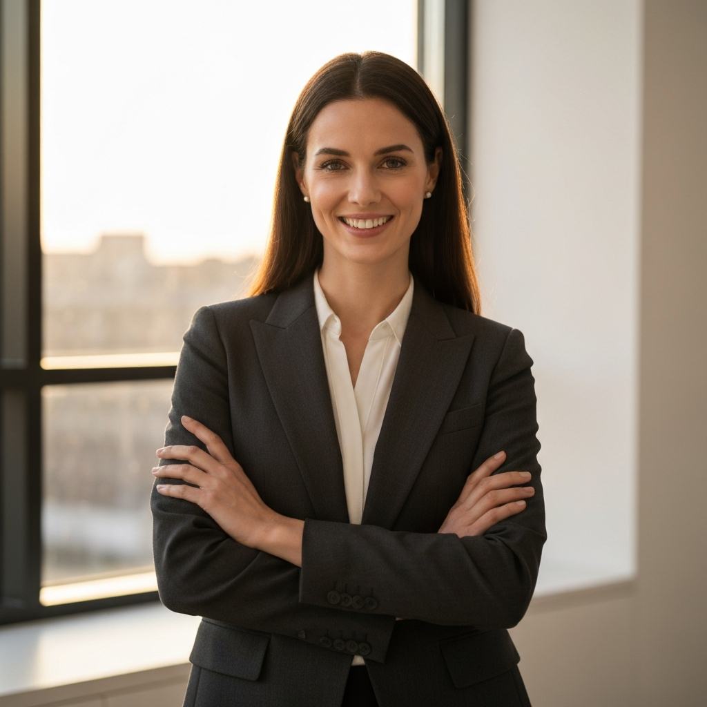 A well-dressed professional woman in a bright, modern office setting. She's smiling confidently, with soft golden hour lighting coming through the window behind her. The scene is clean and minimalist, with a focus on her confident expression.