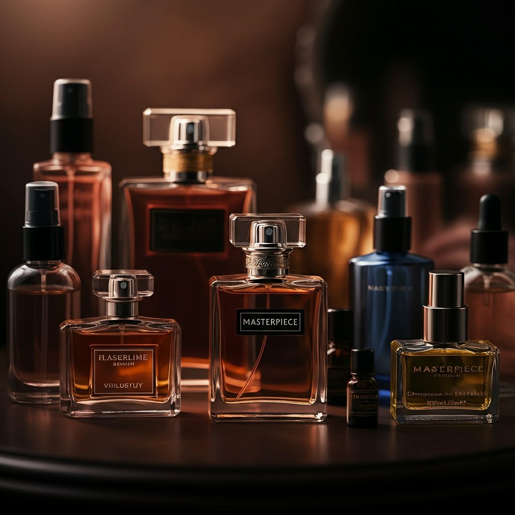 A collection of perfume bottles, lotion bottles, and perfume oils arranged on a vanity table. The lighting is soft and romantic, with a blurred background to create depth. The focus is on the variety of textures and colors of the products.