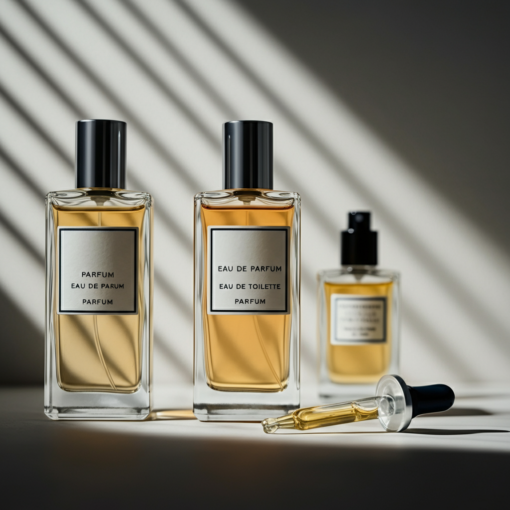 Three perfume bottles lined up, each labelled (blurred for anonymity) as Parfum, Eau de Parfum, and Eau de Toilette. Each has a small amount of liquid remaining. A pipette rests on the counter. The bottles are side-lit to highlight the differences in the liquids' textures.