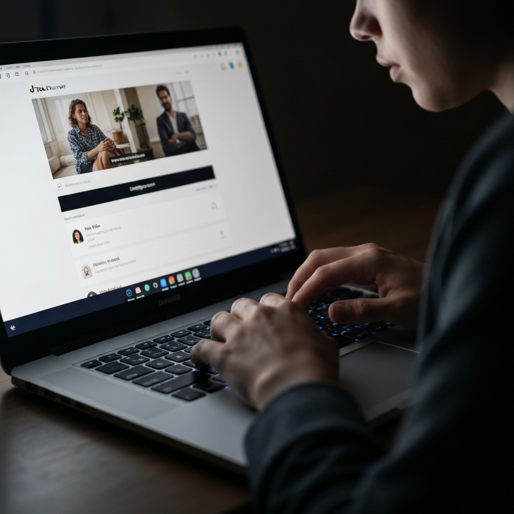 A laptop displaying the TikTok Discover page, soft light from the screen illuminating the user's face. Hands typing, searching for trending sounds. Focus on the details of the laptop's keyboard and the subtle glow reflecting on the fingers.