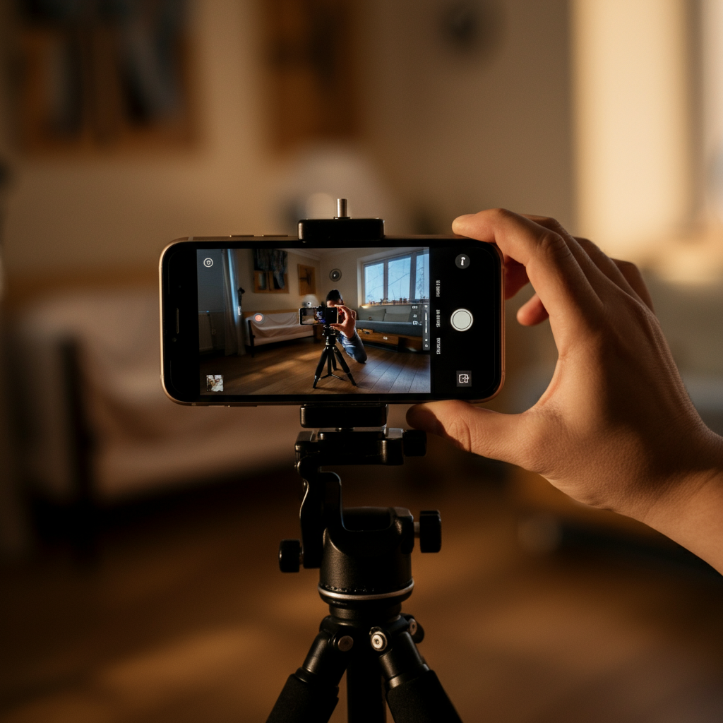 A smartphone mounted on a tripod in a brightly lit living room. Sunlight casting soft shadows on the wall behind the person filming. The person is checking the framing and adjusting the lighting before recording. Focus on the smartphone's screen displaying the camera interface.