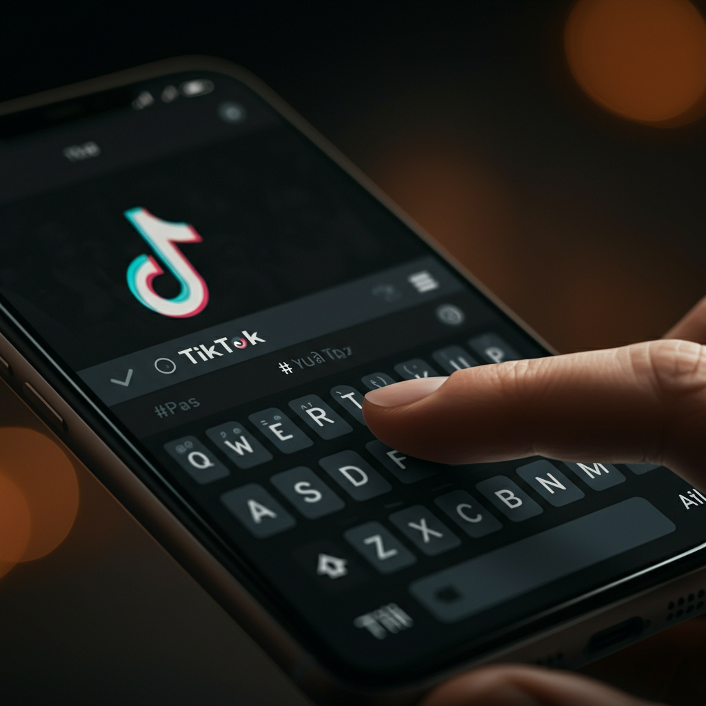 Close-up of a smartphone screen displaying the TikTok app interface, specifically the caption writing section. Fingers are tapping on the keyboard, composing a caption and adding relevant hashtags. Soft bokeh effect in the background.