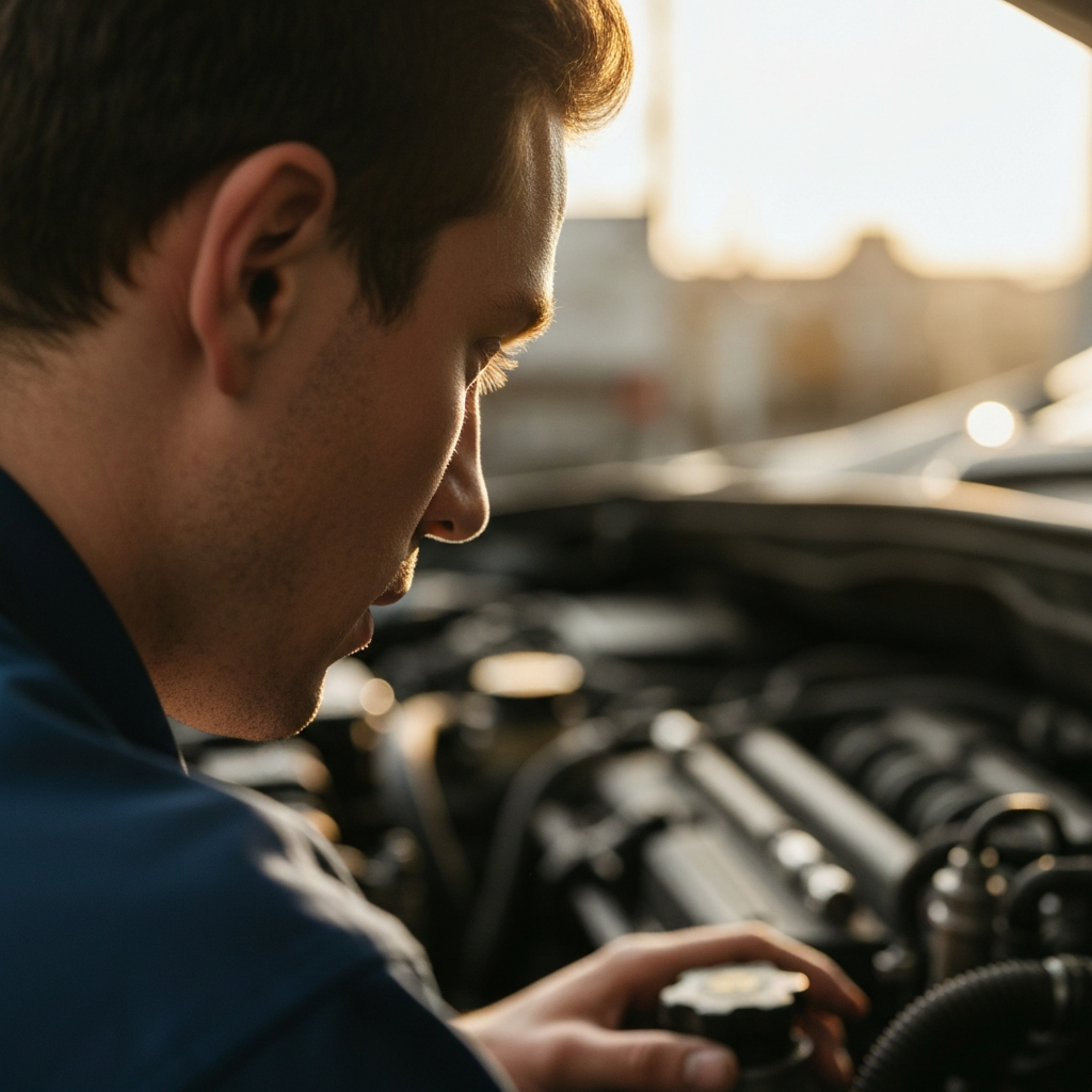 Close-up shot of a mechanic's ear listening intently near a car engine, lit by soft golden hour light. Tools are blurred in the background with soft bokeh.