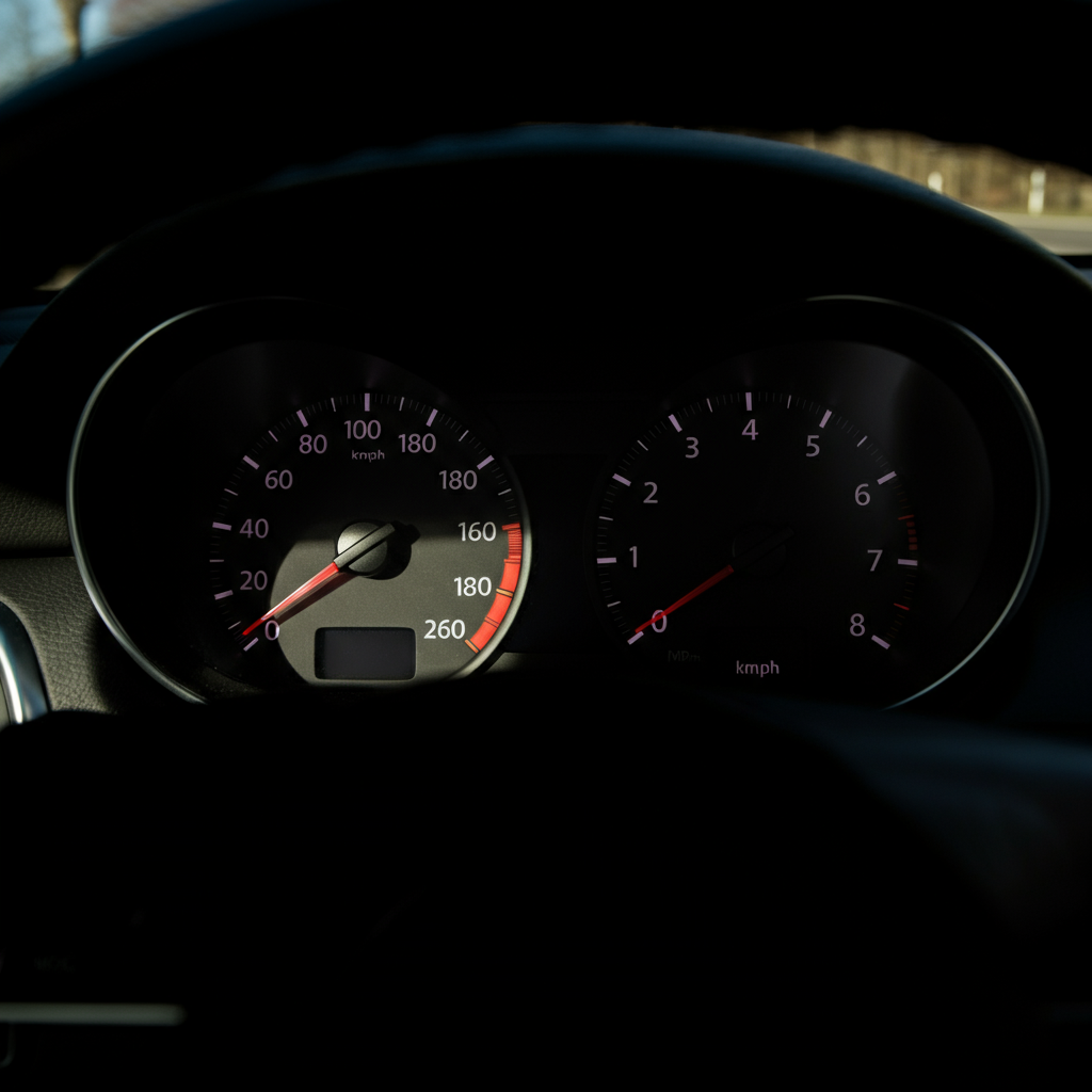 Interior shot of a car dashboard, focus on the speedometer needle pointing to 60 mph, with a blurred road visible through the windshield. Natural sunlight streams into the car.