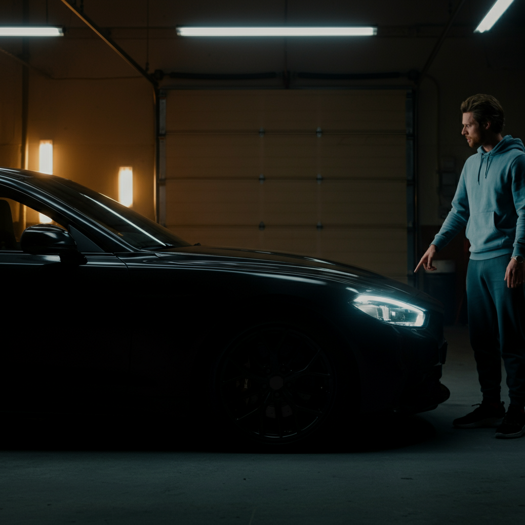 Side-view shot of a car parked in a garage, with a person pointing towards the front wheel well. The garage is well-lit with fluorescent lights.