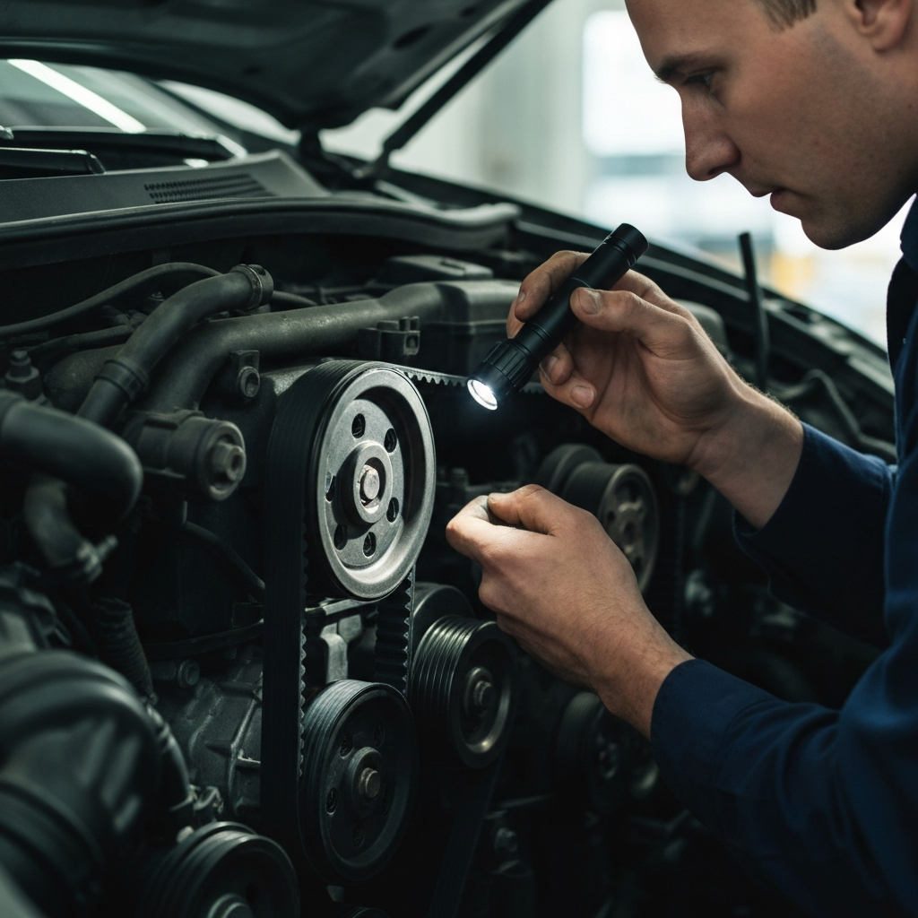 Mechanic examining a serpentine belt in an engine bay, using a flashlight to inspect the belt's condition. The lighting is a mix of natural and artificial, creating good contrast and highlighting the belt's texture.