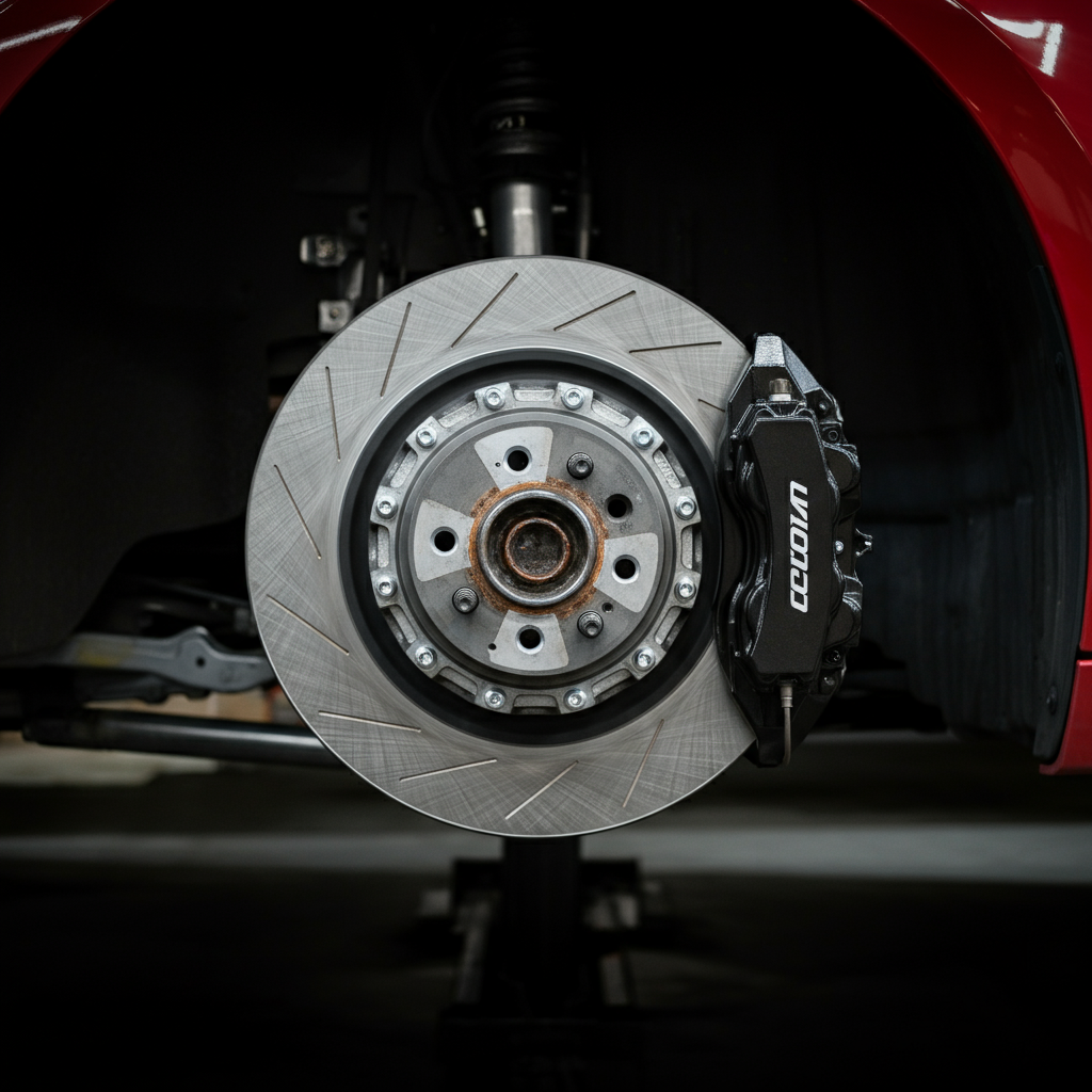 Close-up of a car's brake rotor and caliper assembly, showing the brake pads and rotor surface. The lighting is bright and even, revealing the details of the brake components.