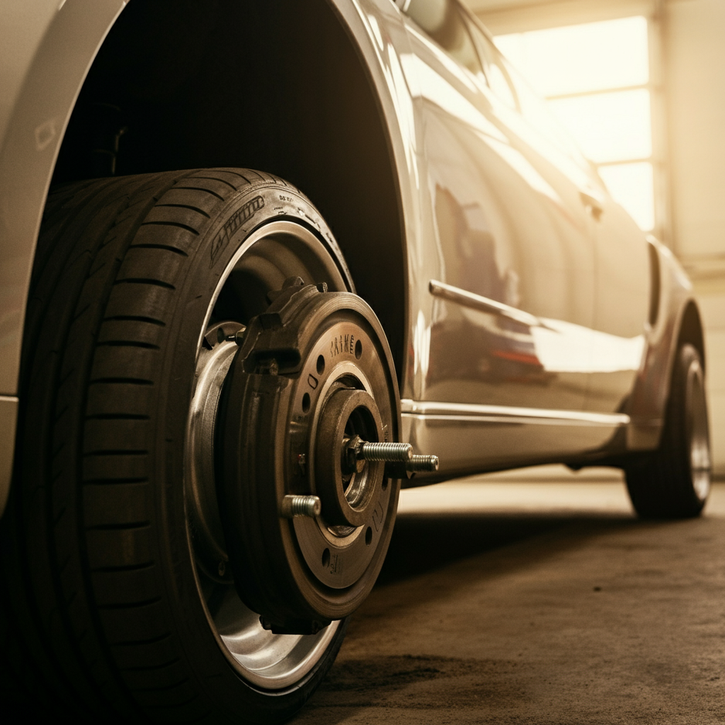 Low-angle shot of a car's suspension system, focusing on the strut assembly and control arm. The photo is taken in a garage setting with diffused natural light.