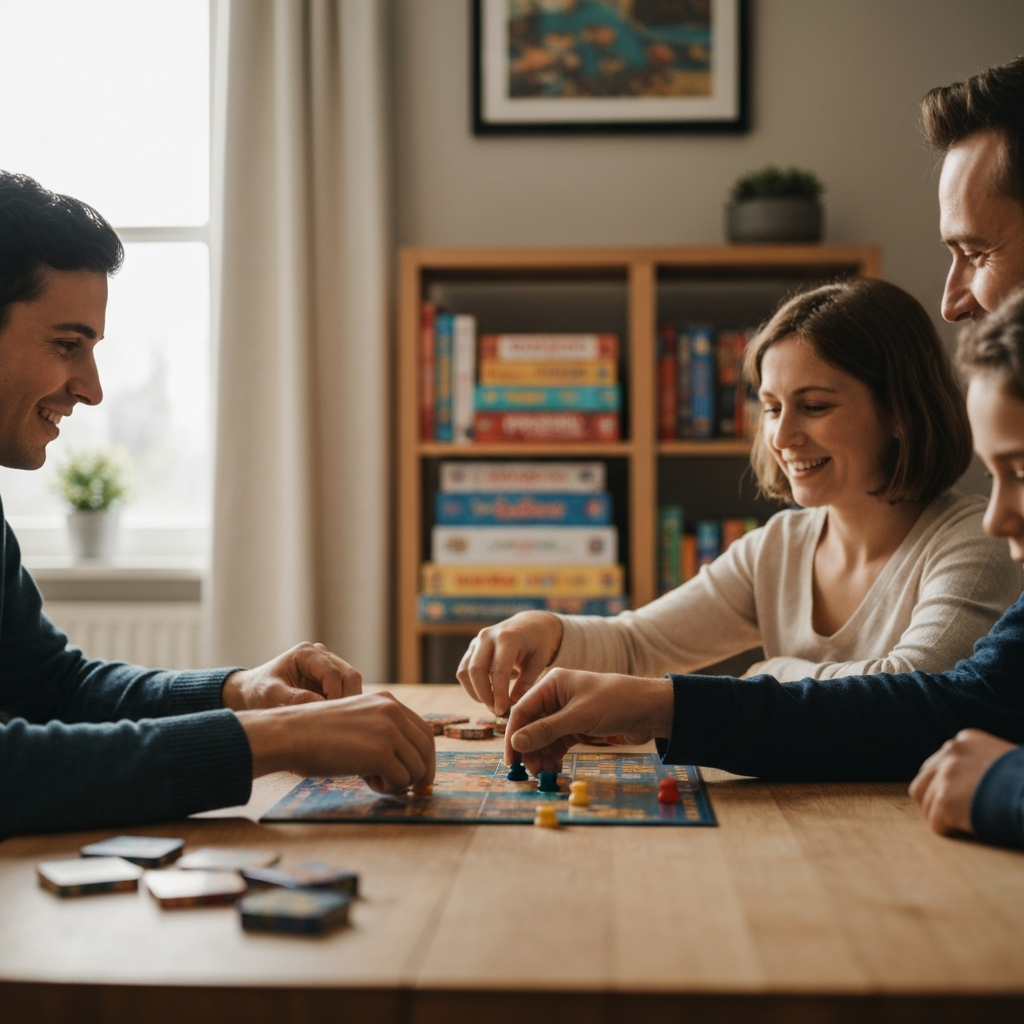 A warmly lit living room. A family of four is gathered around a wooden table, playing a board game. Soft bokeh in the background shows a bookshelf filled with games. The focus is on the hands moving game pieces and the smiles on their faces. Natural side lighting from a nearby window enhances textures.
