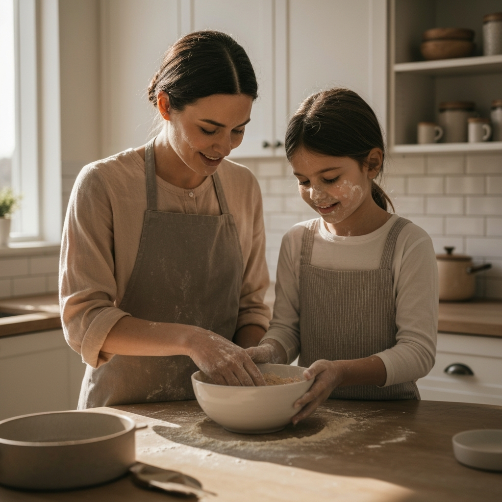 A cozy kitchen bathed in golden hour light. A mother and child are baking cookies together, flour dusting their faces. Focus on their hands mixing ingredients in a ceramic bowl. Soft, diffused light creates a warm and inviting atmosphere.
