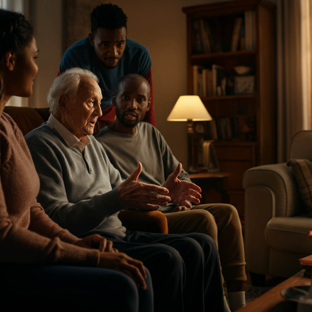 A comfortable living room with soft, ambient lighting. A grandparent is seated in an armchair, surrounded by family members listening intently. Focus on the grandparent's hands gesturing as they tell a story. A warm, inviting atmosphere is created by the diffused lighting and comfortable furniture.