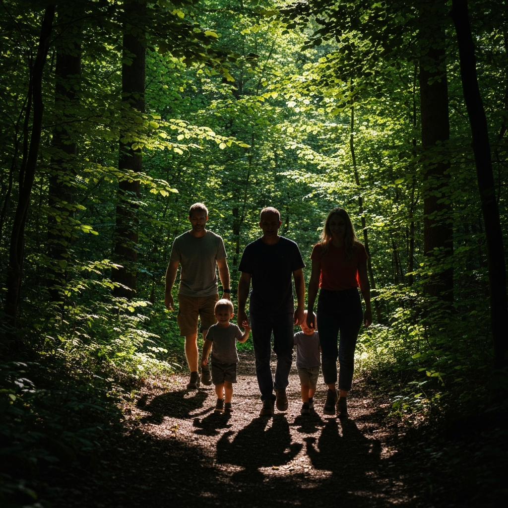 A family hiking through a lush forest. Sunlight filters through the trees, creating dappled lighting on the path. Focus on the family's silhouettes against the bright foliage. The scene evokes a sense of adventure and exploration.