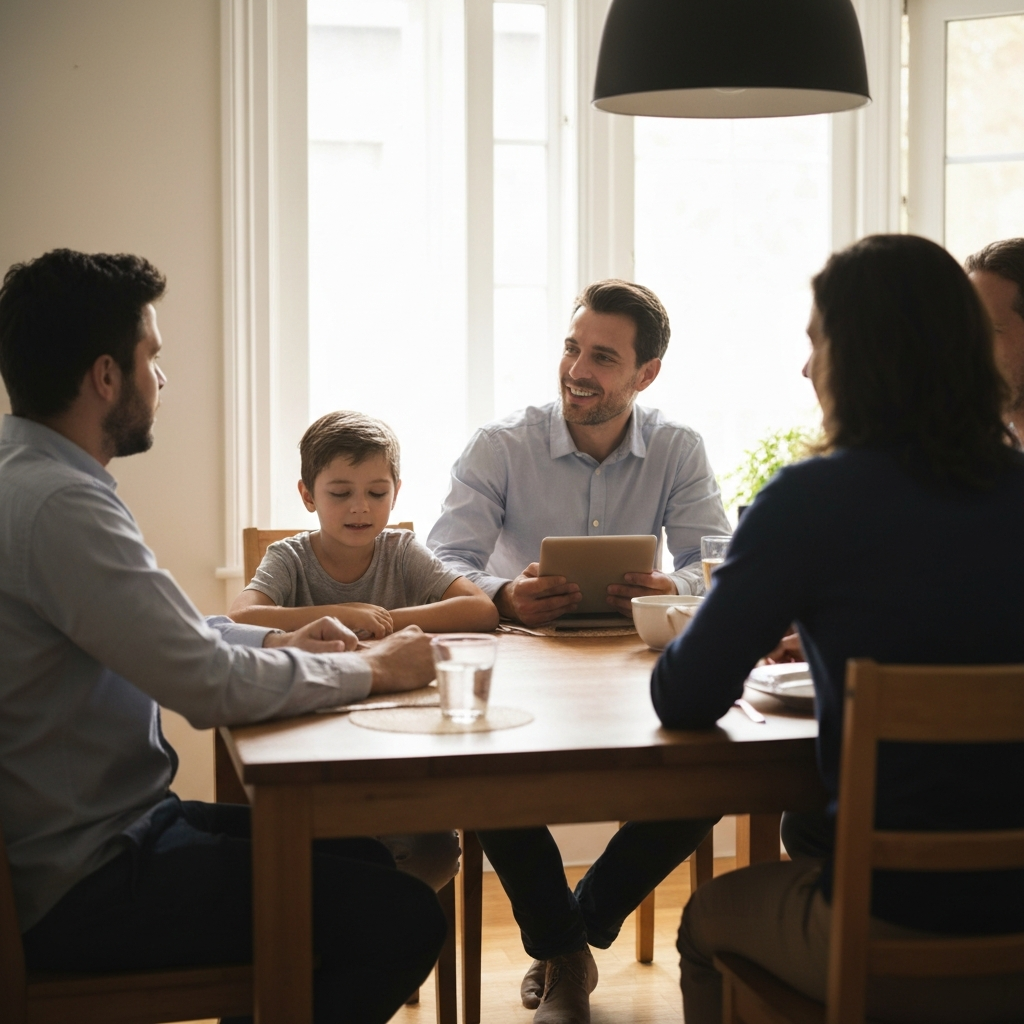 A brightly lit dining room with natural light streaming through a window. A family is seated around the table, engaging in a lively conversation. No electronic devices are visible. Focus on their facial expressions and body language, conveying genuine connection.