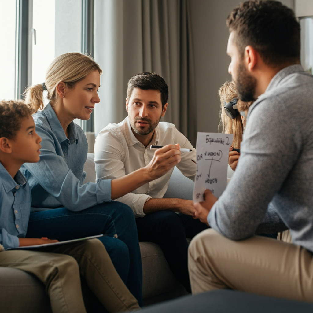 A family gathered on a comfortable couch, brainstorming ideas together. They are using a whiteboard to write down suggestions. Focus on the collaborative nature of the activity and the expressions of enthusiasm on their faces. Soft, diffused lighting creates a relaxed atmosphere.