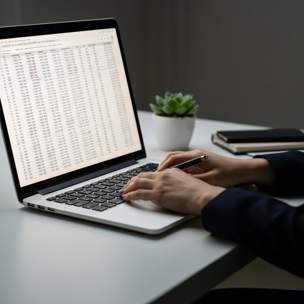 Close-up of hands entering numbers into a detailed spreadsheet on a laptop, illuminated by the soft glow of the screen. The laptop sits on a clean, modern desk with a minimalist design. A small succulent plant adds a touch of natural light to the scene.