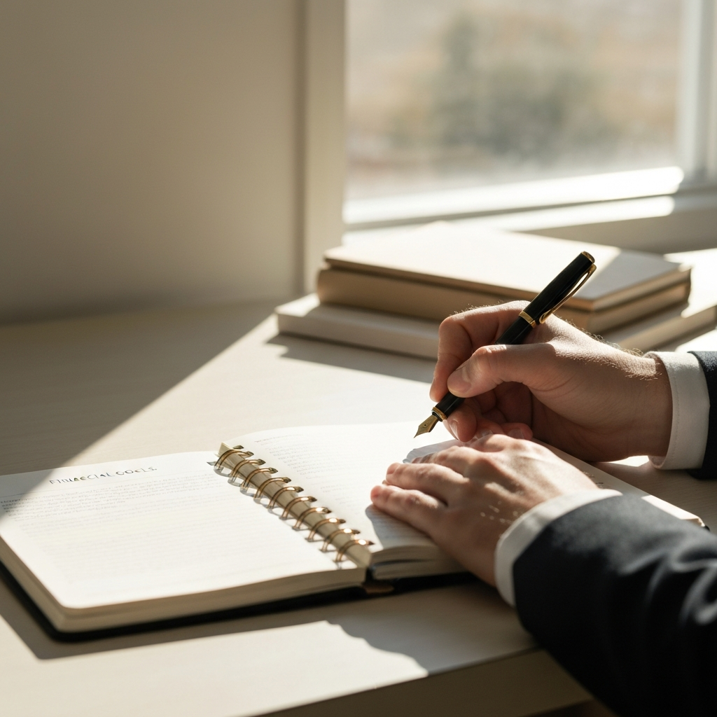 A person sits at a desk, writing in a planner with a fountain pen. Soft, natural light streams in from a nearby window, casting a warm glow on the scene. The planner is open to a page titled "Financial Goals."