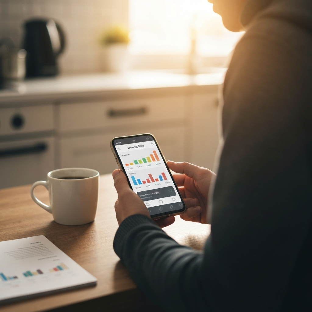 A person using a budgeting app on their smartphone, sitting at a kitchen table with a cup of coffee. The background is slightly blurred, creating a soft bokeh effect.