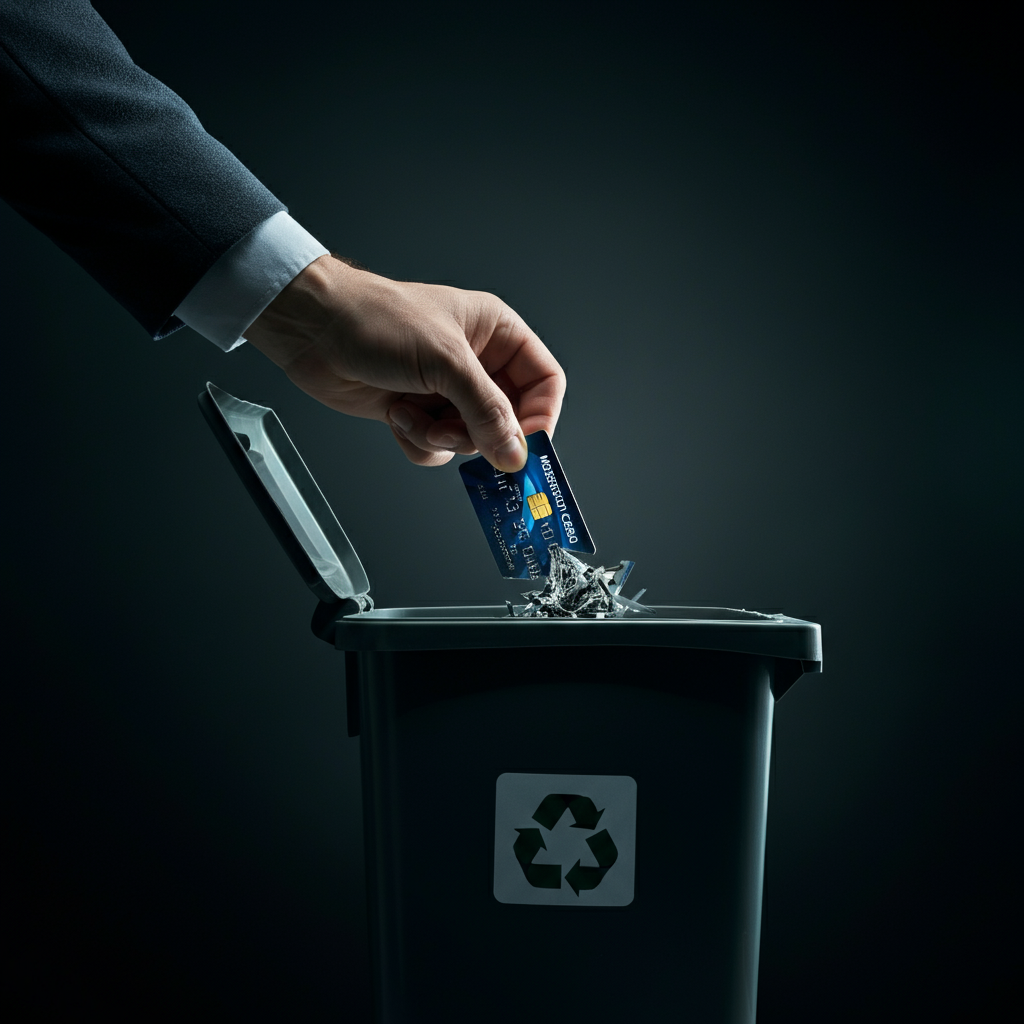 A hand shredding a credit card over a recycling bin, with a determined expression. The lighting is bright and focused, emphasizing the action.