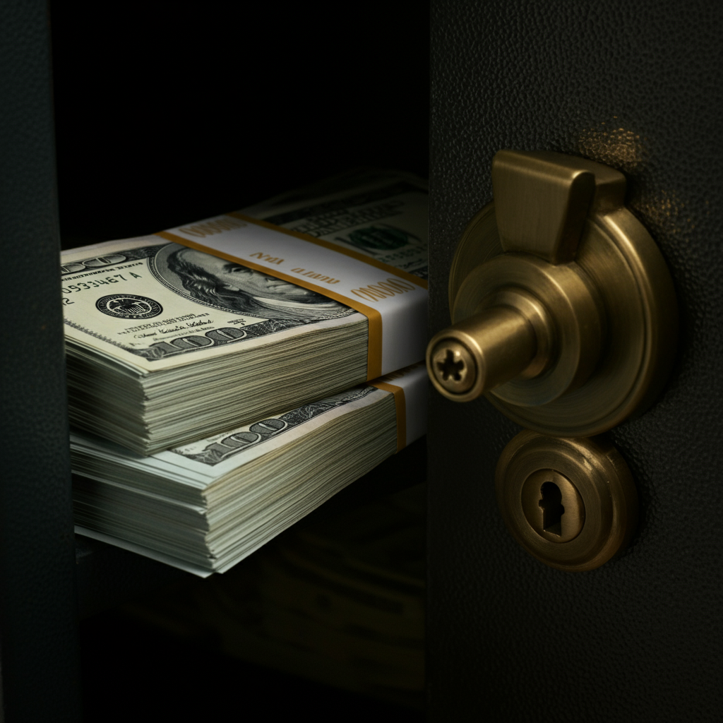 A stack of crisp $100 bills in a safe deposit box, with a brass lock gleaming in the soft light.