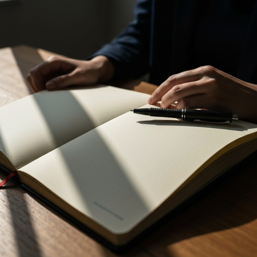 A close-up shot of a journal open on a wooden desk, a pen resting on the page. Soft, natural light streams in from a window, casting long shadows. The texture of the paper and the wood grain are clearly visible.