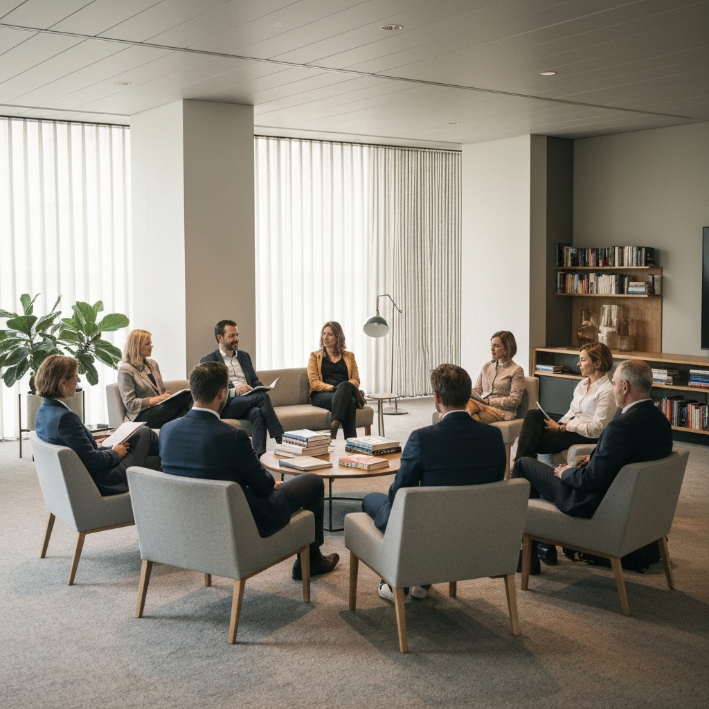 A group of people sitting in a circle, engaged in a lively conversation. The room is well-lit, with comfortable seating. There are books and plants scattered around the room.