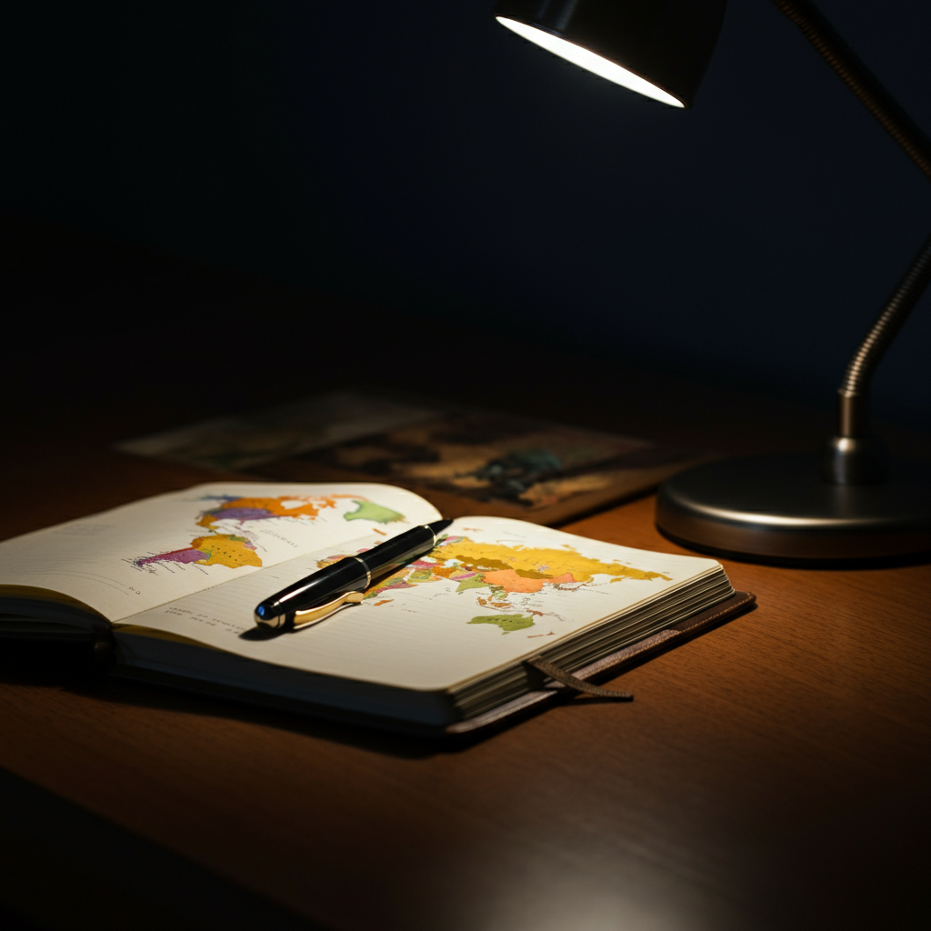 A close-up shot of a handwritten travel journal on a wooden desk, illuminated by the soft glow of a desk lamp. A pen rests beside the journal, and a world map is subtly visible in the blurred background.
