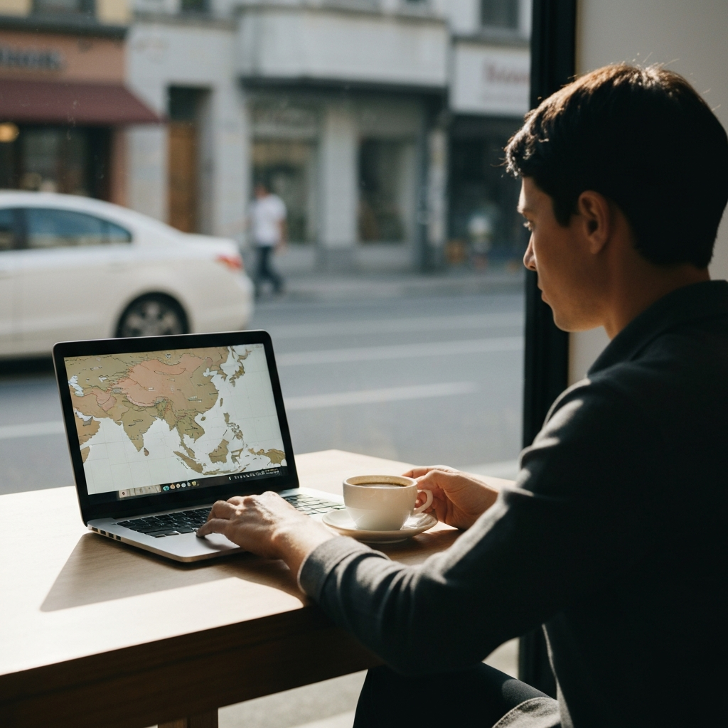 A person is sitting at a cafe table, bathed in the warm afternoon light, looking at a laptop with a map of Southeast Asia on the screen. They are holding a cup of coffee and appear to be deeply engrossed in their research. Soft focus on the street scene in the background.