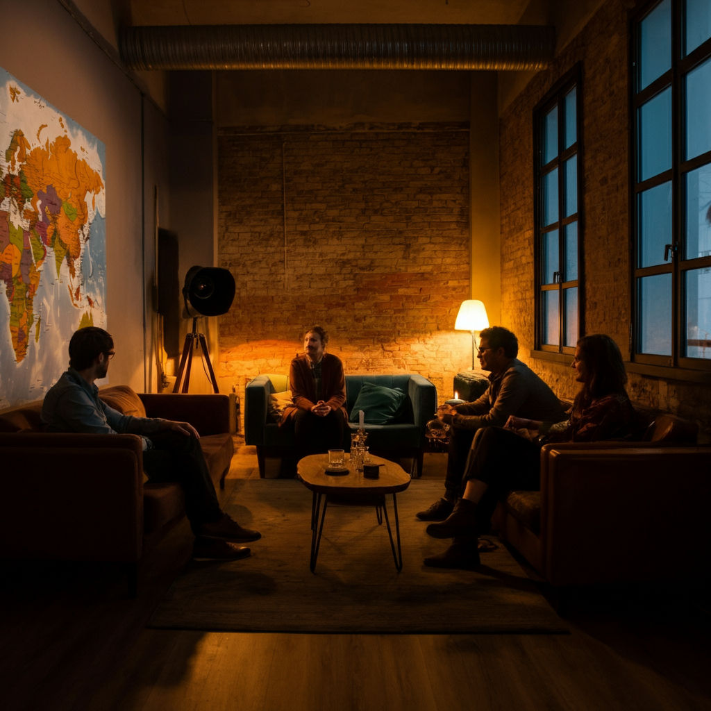 A cozy hostel common room with a group of diverse travelers chatting on comfortable sofas, lit by warm ambient light. A world map is visible on the wall in the background.