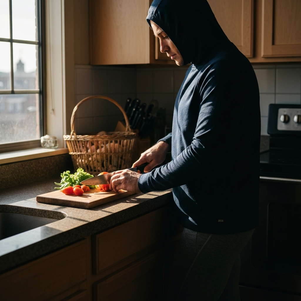 A person in an apartment kitchen, chopping vegetables on a wooden cutting board. Sunlight streams through the window, illuminating the scene with natural light. A local market basket is visible in the background.