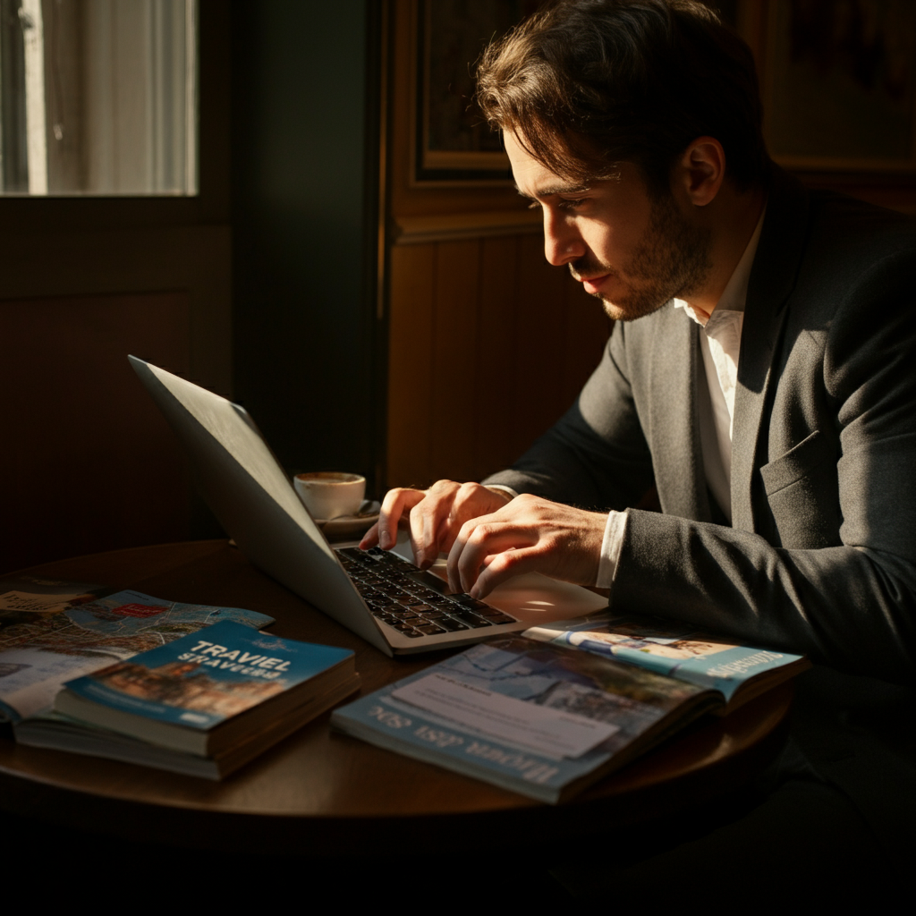 A person sitting at a cafe table, working on a laptop. Sunlight filters through the window, casting a warm glow on their face. They are surrounded by travel guides and maps.