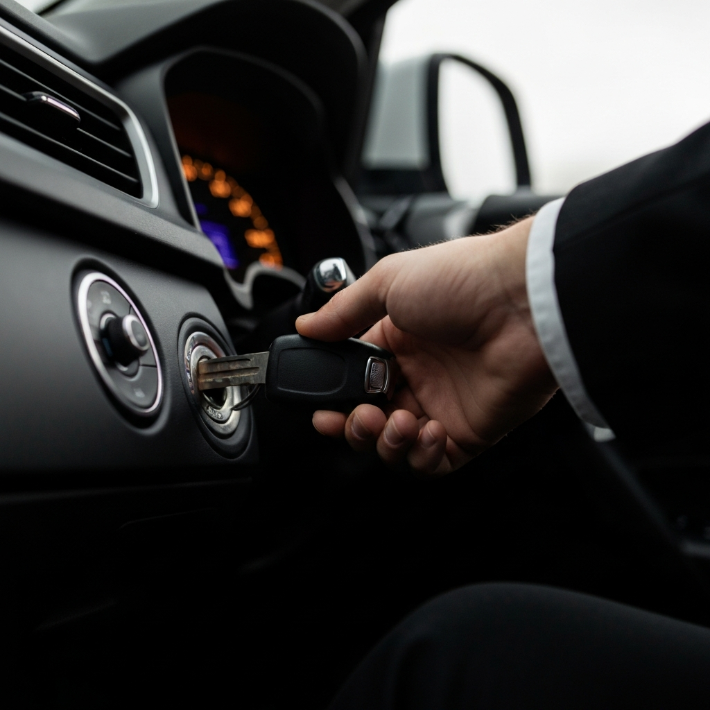 Close-up of a car's ignition. A hand inserts the key, with shallow depth of field blurring the dashboard. Warm lighting from the car's interior illuminates the hand.
