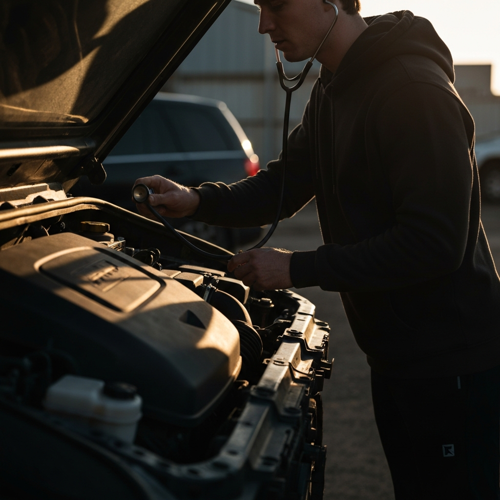 A mechanic using a stethoscope to listen to the engine. The engine bay is side-lit, casting dramatic shadows on the engine block.