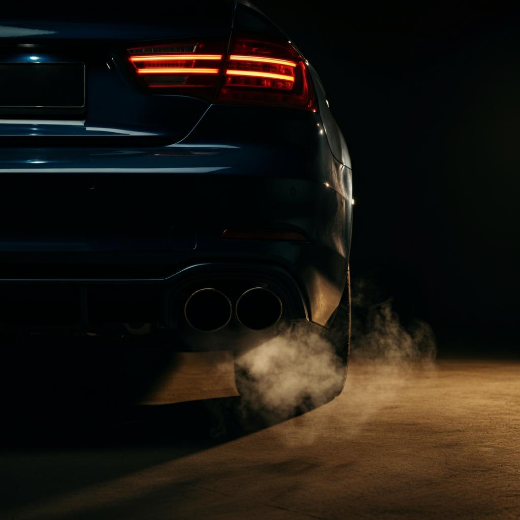 The rear of a car with exhaust fumes gently billowing. The scene is shot during the golden hour, giving the exhaust a warm glow.