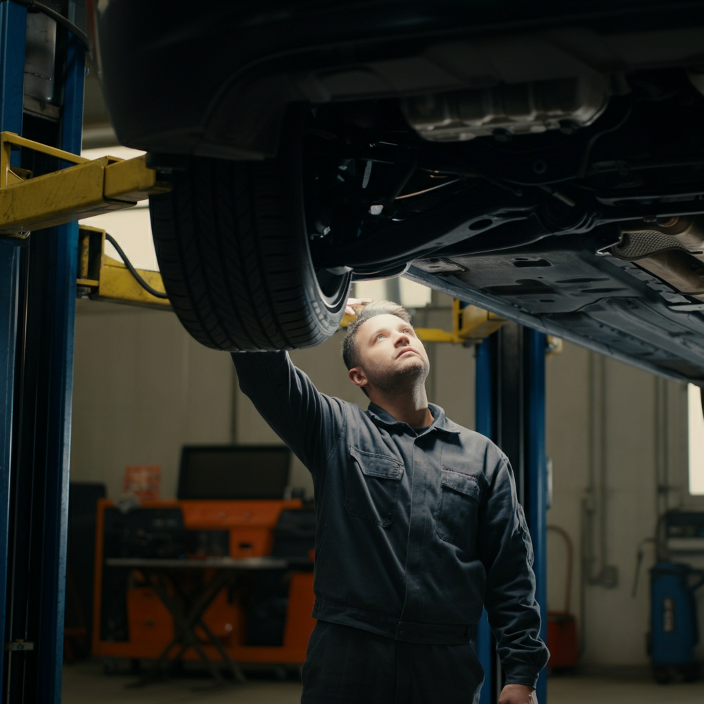 A mechanic inspecting the undercarriage of a car on a lift. A strong work light illuminates the suspension components.
