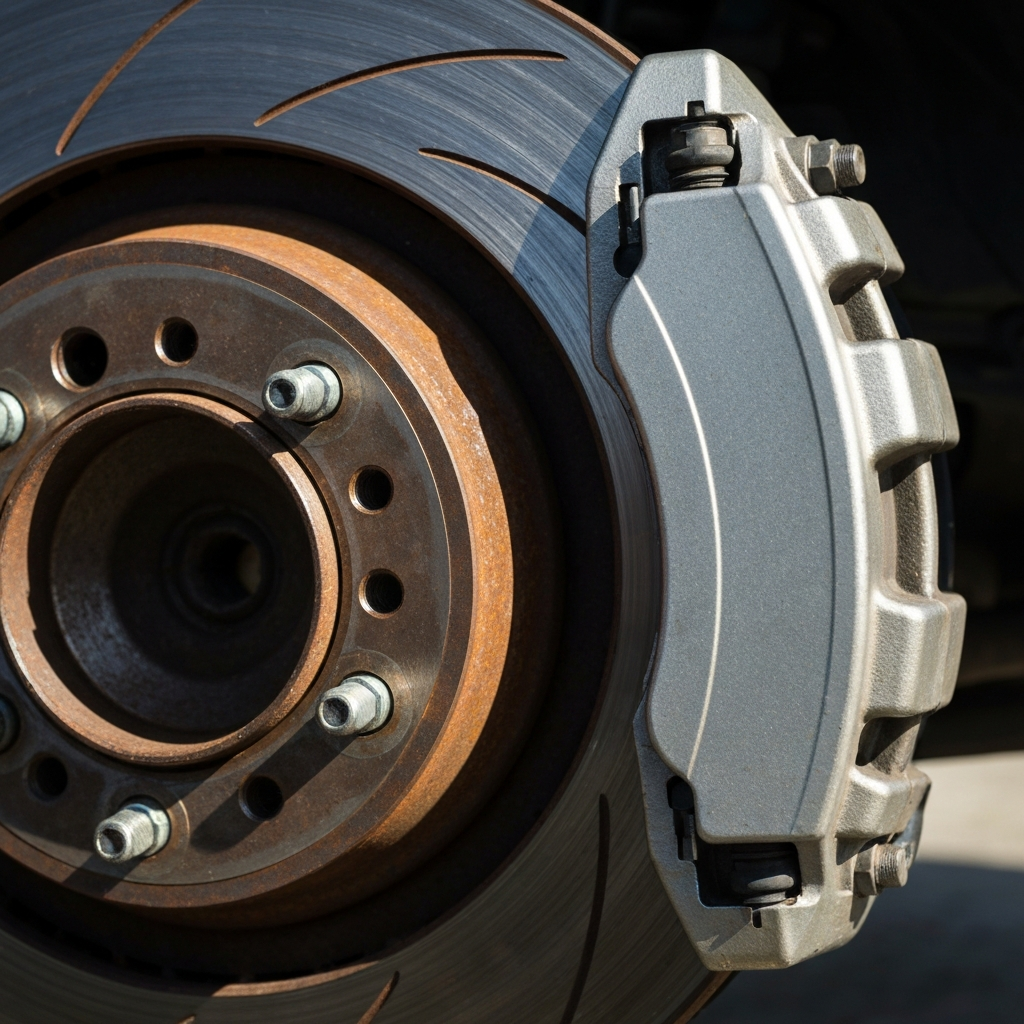 Close-up of a brake rotor and caliper. The rotor has a slightly rusty texture, highlighted by a focused light source.