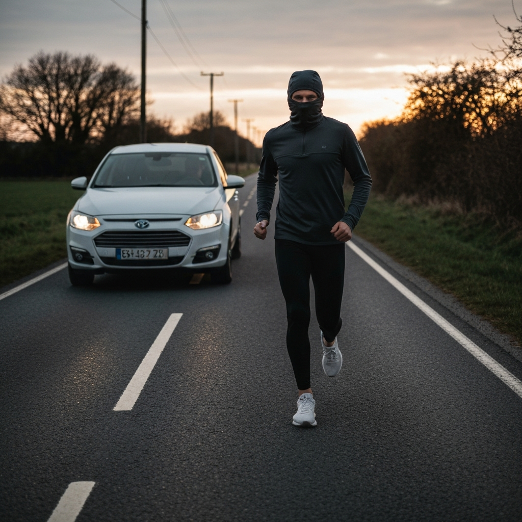 A car driving on a quiet country road. The lighting is soft and overcast, giving the scene a calm and professional look.