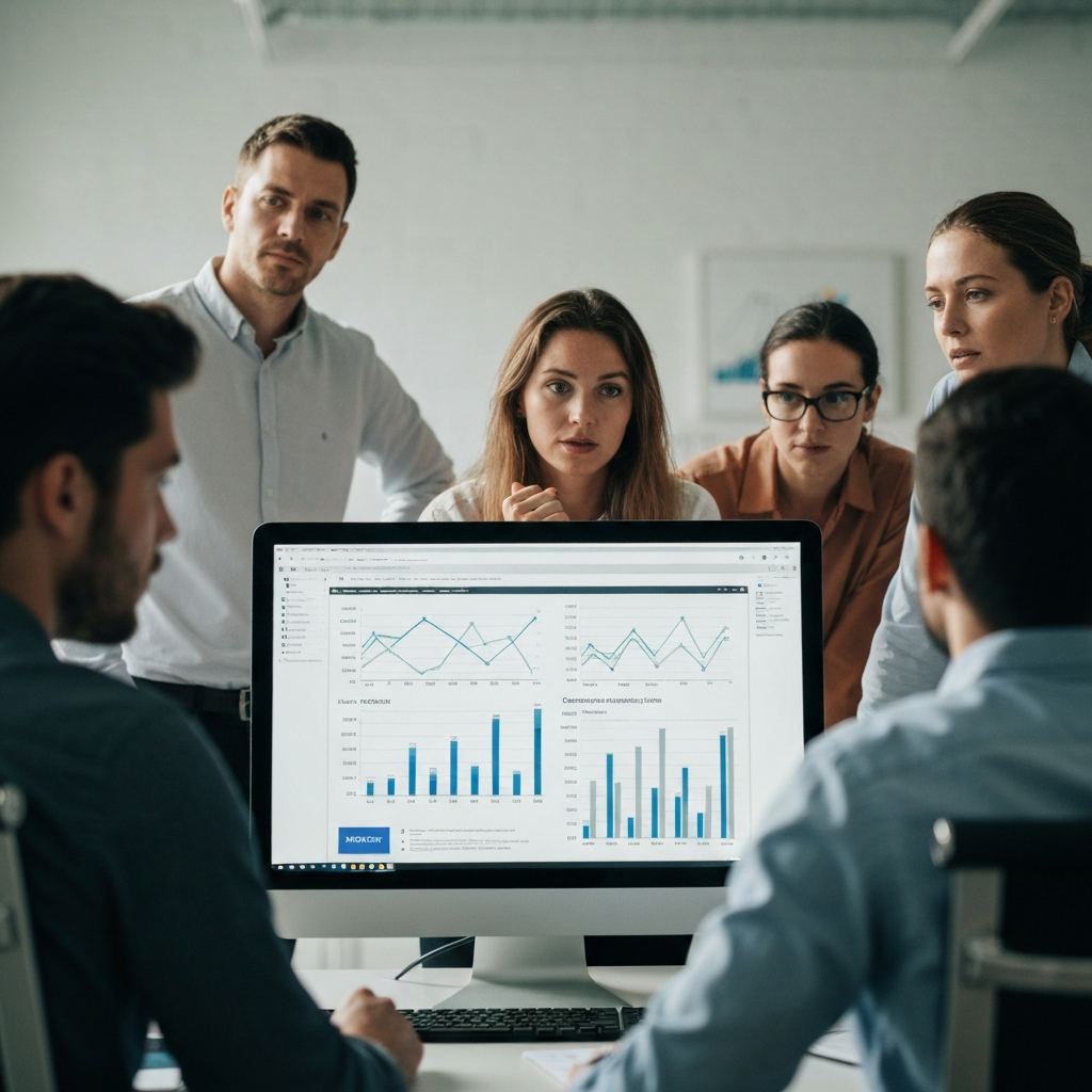 A brightly lit, modern office. A marketing team gathers around a large monitor displaying audience demographic data in graph form. Focus on the screen and the intense expressions of concentration on their faces. Soft bokeh in the background.