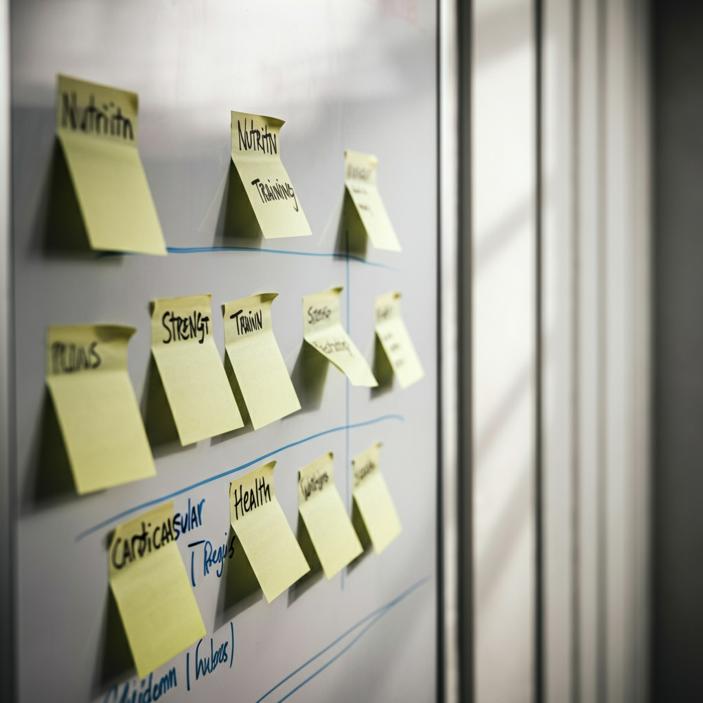 A whiteboard covered in sticky notes, grouped under headings labeled "Nutrition", "Strength Training", and "Cardiovascular Health". Close-up on the textured surface of the whiteboard and the colorful sticky notes. Natural side lighting.