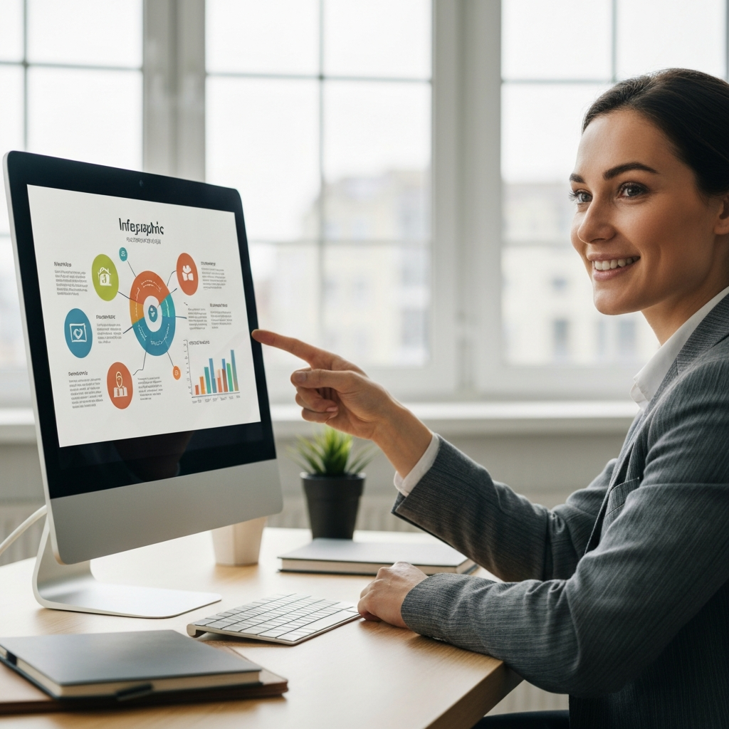 A person sitting at a desk, smiling and pointing to a visually appealing infographic on their computer screen. The infographic uses a mix of colors, icons, and data visualization elements. Natural light coming through a window, casting soft shadows.