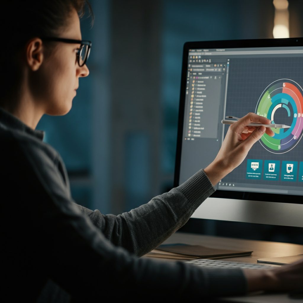 A designer working on a computer, creating an infographic. Close-up on the monitor, showing the software interface and the various design elements being manipulated. Backlit screen, with subtle reflections in the designer's glasses.