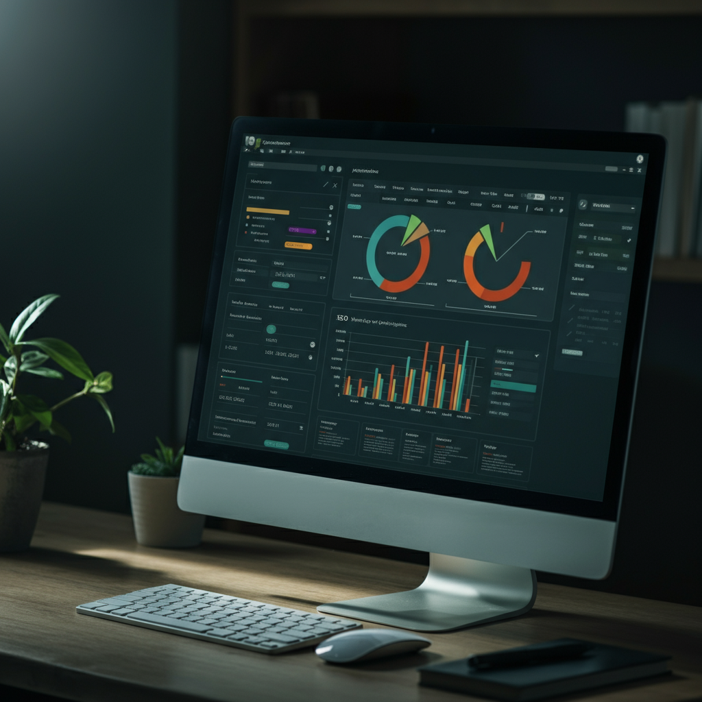 A computer screen displaying a search engine optimization (SEO) analytics dashboard. Various charts and graphs showing website traffic, keyword rankings, and backlink data. Focus on the data visualization and user interface elements. Dimly lit room with monitor as primary light source.