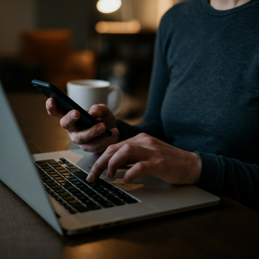 A person using a laptop and phone, actively engaging on various social media platforms. Focus on the interaction with the screens and the sense of dynamic communication. Soft lighting, with a shallow depth of field.