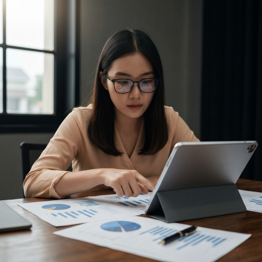 A person studying charts and graphs on a tablet device. They are thoughtfully touching the screen, analyzing trends. Desk with scattered papers and a pen. Focused, ambient lighting highlighting textures.
