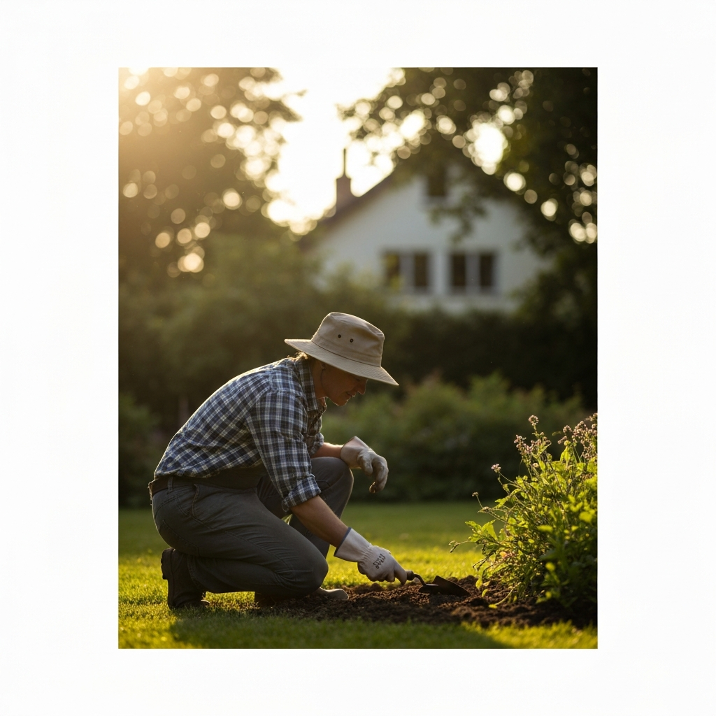 Wide shot of a sun-drenched garden, side-lit by the late afternoon sun. A gardener, wearing a wide-brimmed hat and work gloves, is kneeling and examining the soil with a small trowel. Soft bokeh in the background shows a blurred house facade and mature trees.