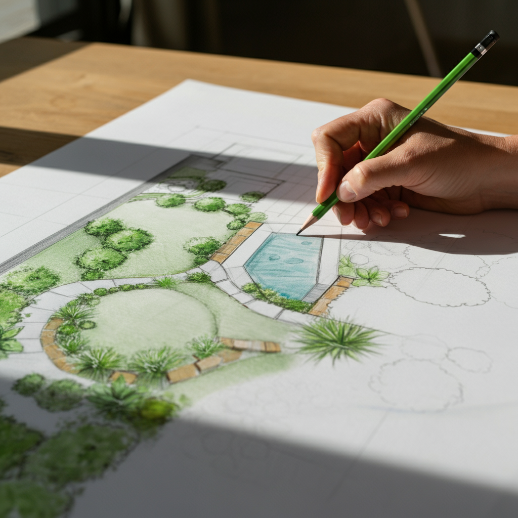 Close-up of a hand sketching a garden plan on a large piece of paper. The hand holds a pencil, and the drawing shows various plant symbols, pathways, and a small water feature. Natural light streams in from a nearby window, casting soft shadows on the paper.