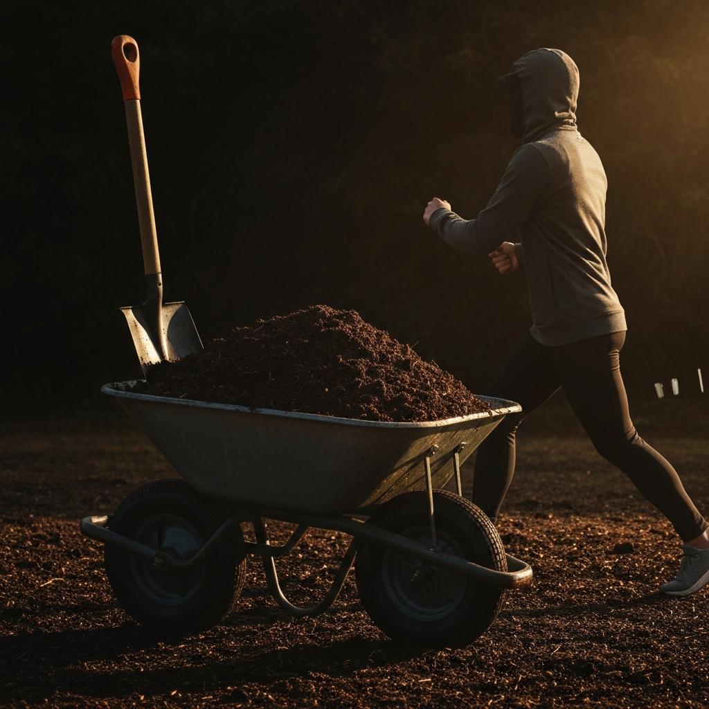 A wheelbarrow filled with dark, rich compost. A shovel leans against the side of the wheelbarrow. The compost is side-lit, highlighting its texture and earthy tones.